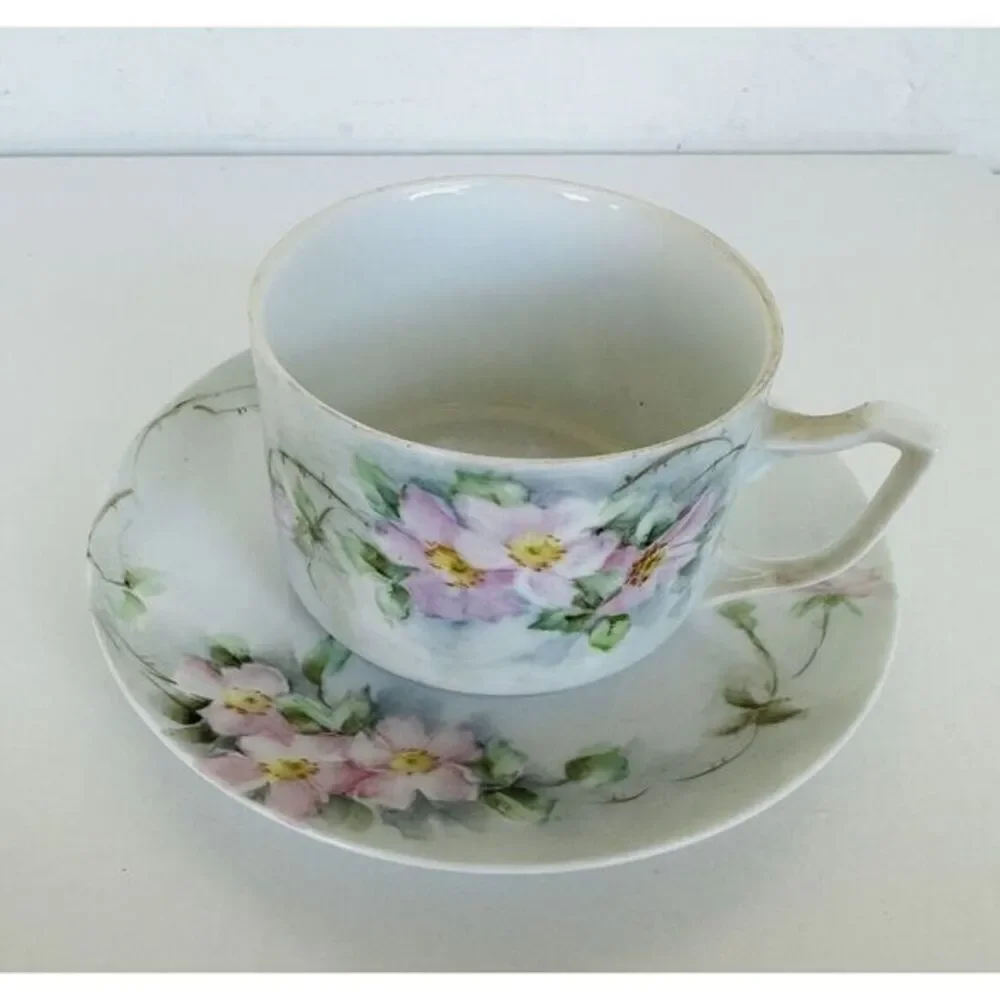 Vintage Hand Painted Pink‎ Flowers Tea Cup & Saucer Set No Marks See Photo S